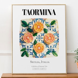 Taormina, Sicilia, Italy, Colorful Oranges Tile Pattern Aesthetic Wall Art Decor Print Poster
