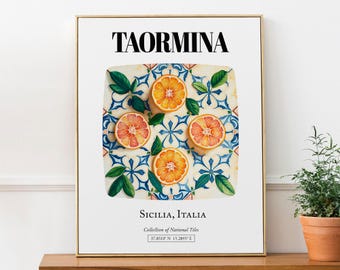 Taormina, Sicilia, Italy, Colorful Oranges Tile Pattern Aesthetic Wall Art Decor Print Poster