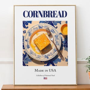 Impresión de pan de maíz en plato de mayólica, póster de comida tradicional estadounidense