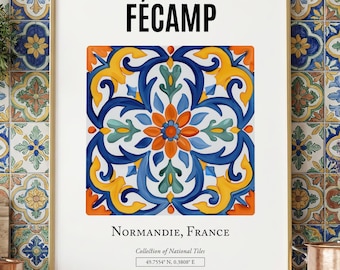 Fécamp Normandie タイル アート プリント、ミニマリスト ホームデコレーション