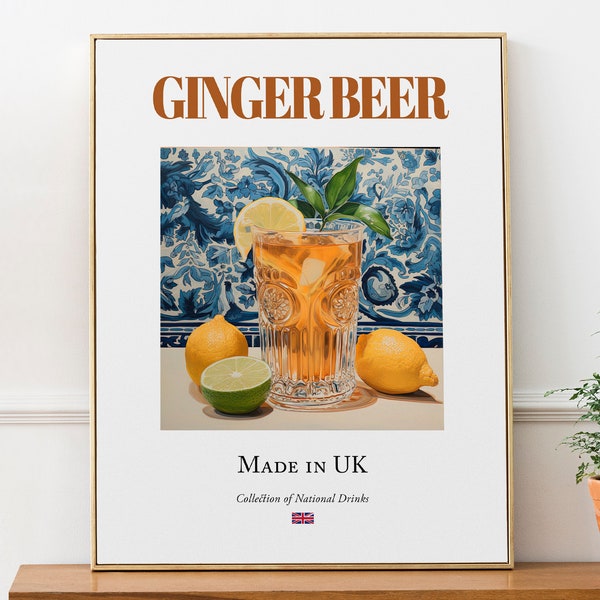 Ginger Beer on Maiolica Tile, Traditional English Beverage (Drink) Print Poster, Kitchen and Bar Wall Art