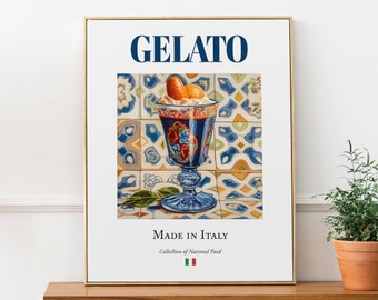 Gelato on Maiolica tile plate, Traditional Italian Food Wall Decor Print Poster Foodie Gift Kitchen Wall Art