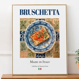 Bruschetta sur plaque de carreaux de Maiolica, décoration murale cuisine italienne traditionnelle, affiche imprimée, cadeau pour gourmets, art mural de cuisine