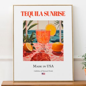 Tequila Sunrise sobre baldosas de mayólica, póster con impresión de bebida tradicional estadounidense, arte mural para cocina y bar