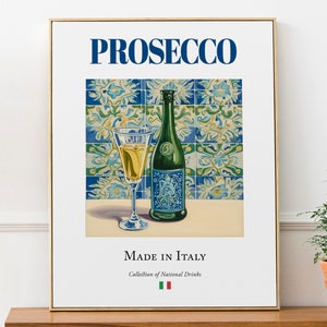 Prosecco su piastrelle in maiolica, poster con stampa di bevanda tradizionale italiana, decorazione da parete per cucina e bar