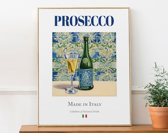 Prosecco on Maiolica tile, Italian Traditional Beverage Print Poster, Kitchen and Bar Wall Art