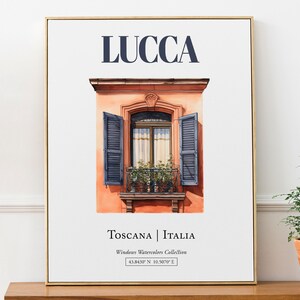 Affiche imprimée de voyage à Lucques (Toscane, Italie), décoration murale illustration aquarelle pour fenêtre traditionnelle, cadeau pour amoureux de l'Italie