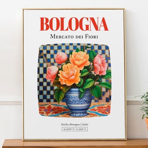 Bolonia (Emilia-Romaña, Italia) Mercato dei Fiori, ramo de camelia en jarrón de mayólica, póster impreso para pared