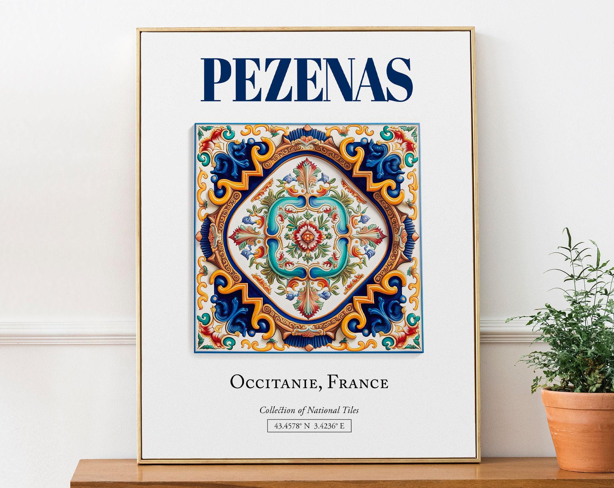 Pezenas, Occitanie, France, Aesthetic Folk Traditional Tile, Wall Art Print Poster, Bedroom Wall Art