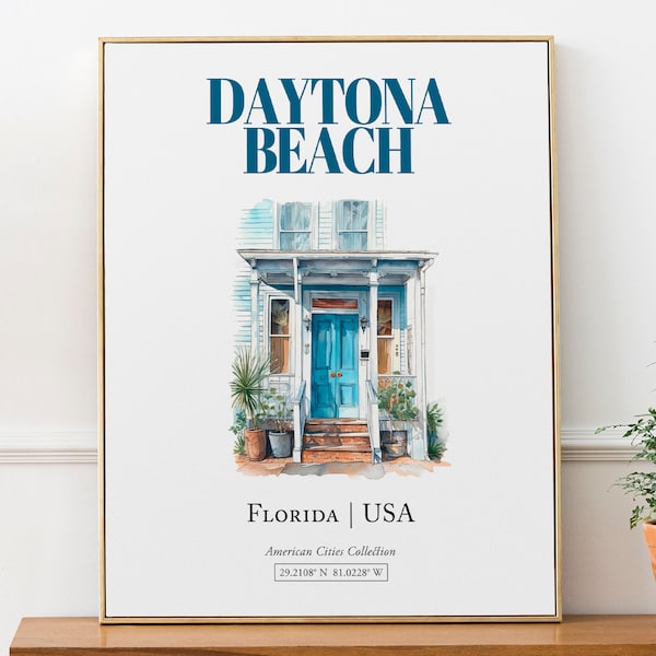 Daytona Beach, Florida, USA, Aesthetic Minimalistic Watercolor Entrance Door, Wall Art Décor Print Poster, Kitchen Wall Decor