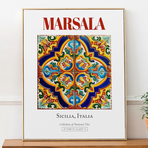 Marsala, Sicilia, Italy, Aesthetic Minimalistic Traditional Maiolica Tile, Wall Art Décor Print Poster, Dorm Wall Decor