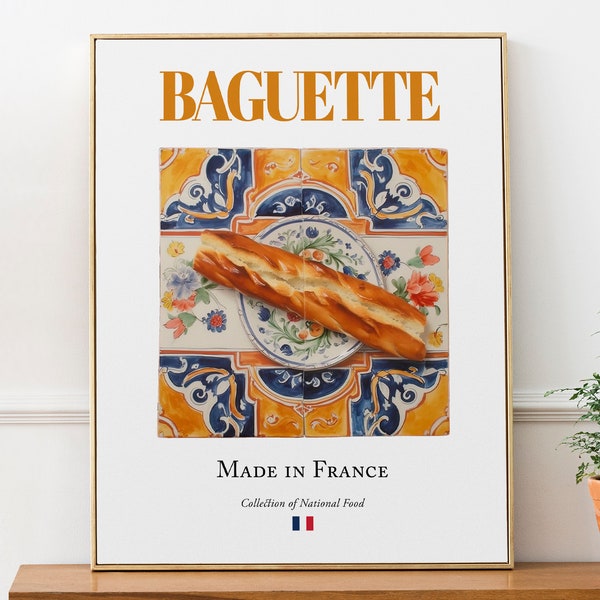 Stokbrood op Maiolica tegelplaat, traditioneel Frans eten Wall Art Print Poster Foodie Gift Cafe / Restaurant Wall Art