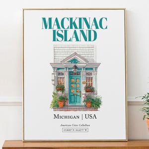 Mackinac Island, Michigan, USA, Aesthetic Minimalistic Watercolor Traditional Door, Wall Art Print Poster, Living Room Wall Art