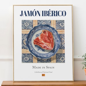 Jamón Ibérico on Maiolica tile plate, Traditional Spanish Food Wall Art Print Poster Foodie Gift Kitchen Wall Art