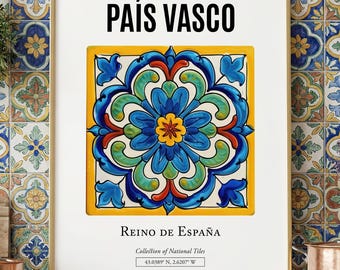 País Vasco Tile Art Print, Spanish Folk Art Poster