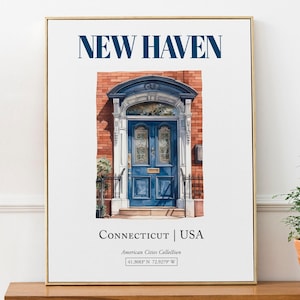 New Haven, Connecticut, USA, Aesthetic Minimalistic Watercolor Door, Wall Art Print Poster, Dorm Wall Decor