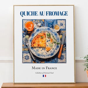 Quiche au Fromage on Maiolica tile plate, Traditional French Food Wall Art Print Poster, Kitchen and Café Decor, Foodie Gift