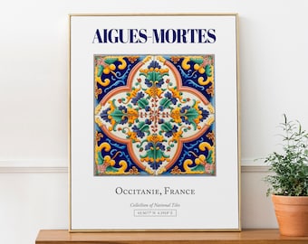 Aigues-Mortes, Occitanie, France, carrelage traditionnel minimaliste esthétique, affiche imprimée art déco murale, décoration de salon