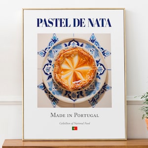 Pastel de Nata on Azulejo tile plate, Traditional Portugal Food Wall Art Print Poster, Kitchen and Café Decor, Food Lover Gift