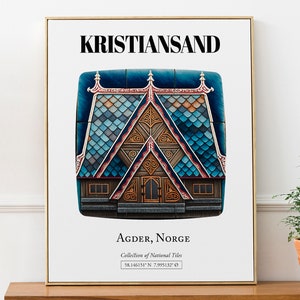 Kristiansand, Agder, Norge (Norwegen), Traditionelle Stabkirche Fliesen ästhetik Wand Kunst Druck Poster