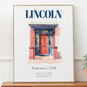 Lincoln, Nebraska, USA, Aesthetic Minimalistic Watercolor Entrance Door, Wall Art Décor Print Poster, Living Room Wall Art