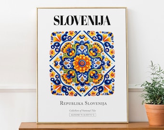 Slovenia Traditional Tile Art Print, Colorful Floral Pattern