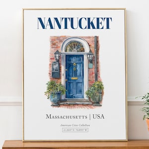 Nantucket, Massachusetts, USA, Aesthetic Minimalistic Watercolor Traditional Door, Wall Art Print Poster, Living Room Wall Art
