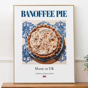 Pastel de banoffee en plato de mayólica, póster de arte mural con comida tradicional inglesa, decoración de cocina y cafetería, regalo para amantes de la comida