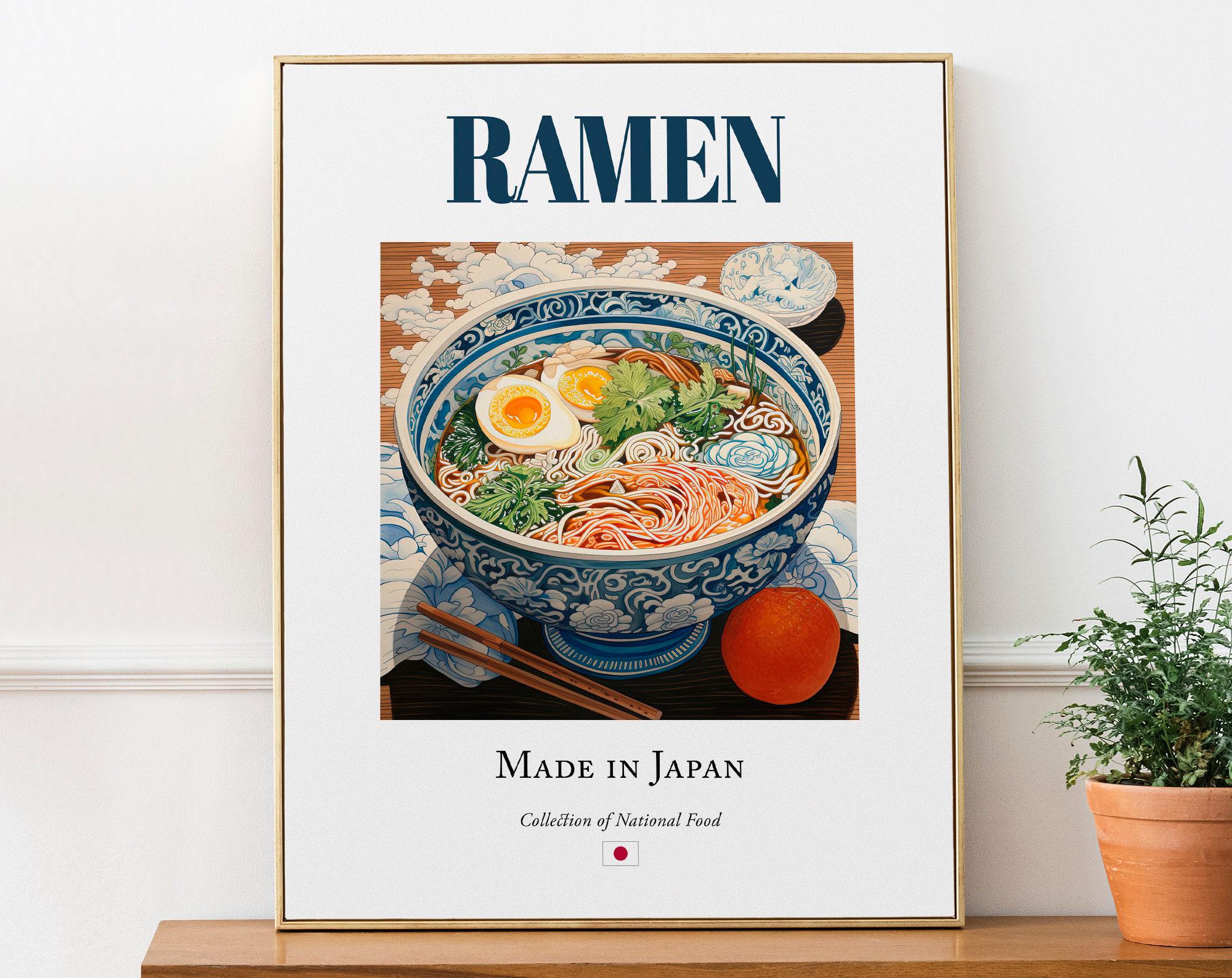 Ramen on folk tile plate, Traditional Japanese Food Wall Art Print Poster, Kitchen and Café Decor, Food Lover Gift