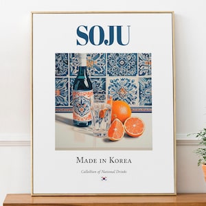 Soju sobre baldosas de mayólica, póster con impresión de bebida tradicional coreana, arte mural para cocina y bar