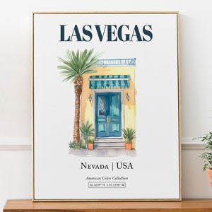 Las Vegas, Nevada, EUA, Porta de entrada estética minimalista em aquarela, pôster de impressão de arte de parede, decoração de parede de sala de estar