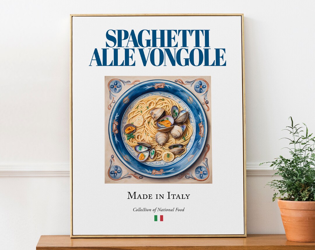 Spaghetti Alle Vongole on Maiolica Tile Plate, Traditional Italian Food