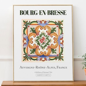 Bourg-en-Bresse, Auvergne-Rhône-Alpes, France, Aesthetic Folk Traditional Tile, Wall Decor Print Poster, Living Room Art