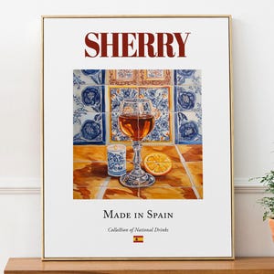 Sherry on Maiolica tile, Spanish Traditional Beverage Print Poster, Kitchen and Bar Wall Décor