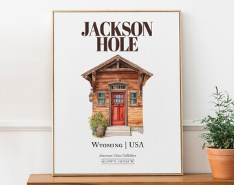 Jackson Hole Wyoming Watercolor Print, Minimalist Door Wall Art