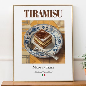 Tiramisù su piatto in maiolica, tradizionale cibo italiano, stampa artistica da parete, poster, regalo per buongustai, arte da parete per caffè