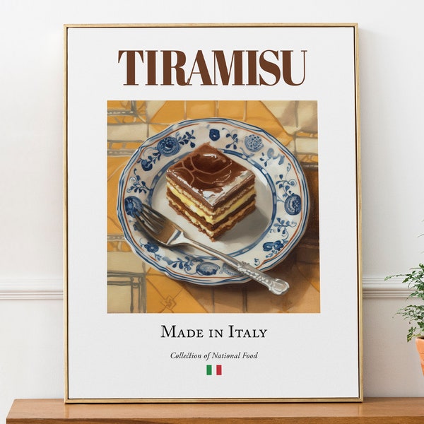 Tiramisu op Maiolica tegelplaat, traditioneel Italiaans eten Wall Art Print Poster Foodie Gift Cafe Wall Art