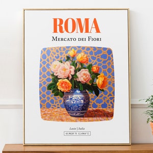 Roma (Lazio, Italia) Mercato dei Fiori, ramo de camelia en jarrón de mayólica, póster impreso artístico para pared
