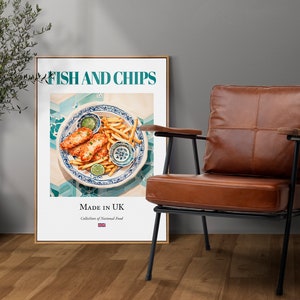 Fish and Chips su piatto di maiolica, poster con stampa artistica da parete di cibo tradizionale inglese, decorazione per cucina e bar, regalo per gli amanti del cibo