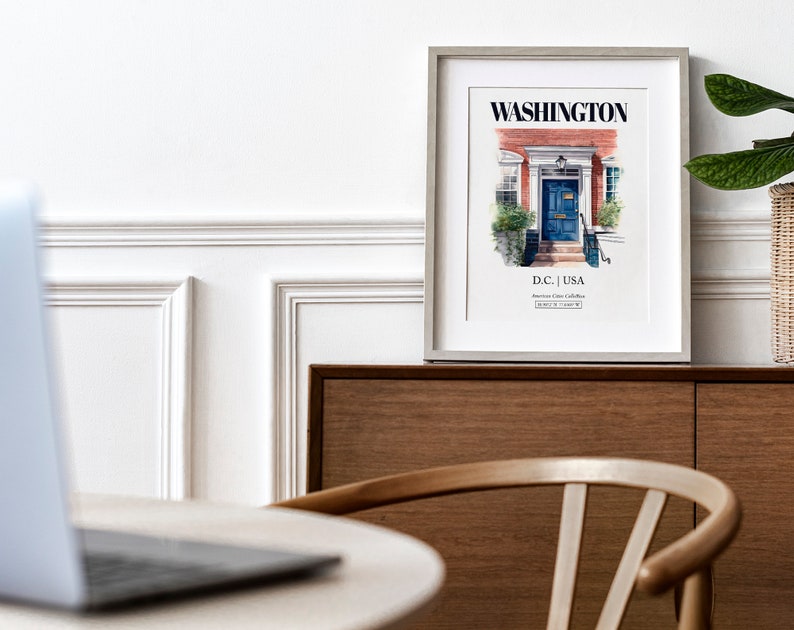 Washington, D.C., USA, Aesthetic Minimalistic Watercolor Entrance Door, Wall Art Print Poster, Living Room Decor image 3