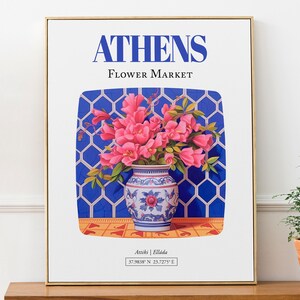 Póster con impresión de arte mural sobre el mercado de flores de Atenas (Ática, Elláda), ramo de buganvillas en jarrón de mayólica