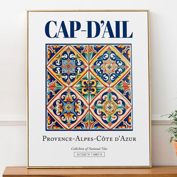 Cap-d'Ail, Provenza-Alpi-Costa Azzurra, Francia, Piastrelle tradizionali folk estetiche, Poster con stampa di decorazioni artistiche da parete, Decorazioni da parete per cucina