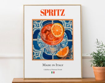 Spritz on Maiolica tile, Italian Traditional Beverage Print Poster, Kitchen and Bar Wall Art