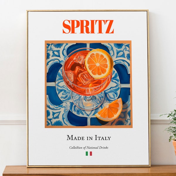 Spritz on Maiolica tile, Italian Traditional Beverage Print Poster, Kitchen and Bar Wall Art