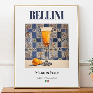 Bellini on Maiolica tile, Italian Traditional Beverage Print Poster, Kitchen and Bar Wall Décor