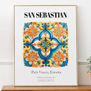 San Sebastian Elegant Tile Art Poster: País Vasco&#39;s Coastal Beauty in Wall Decor