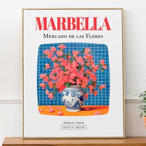 Marbella (Andalucía, España) Mercado de las Flores, Bougainvillea Bouquet en Maiolica Vase Wall Art Print Poster
