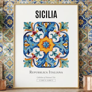 Sicilia Tile Print, Italian Folk Art Poster, Bedroom Wall Decor
