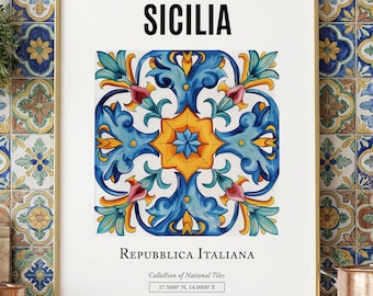 Sicilia Tile Print, Italian Folk Art Poster, Bedroom Wall Decor