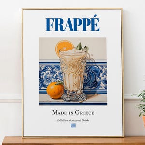 Frappe on Maiolica Tile, Traditional Greek Beverage (Drink) Print Poster, Kitchen and Bar Wall Art